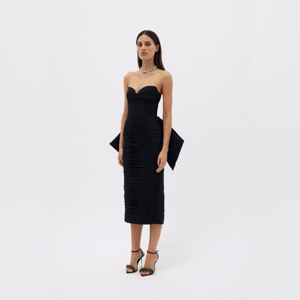 Rachel Gilbert Black Strapless Midi Dress with Bow Detail